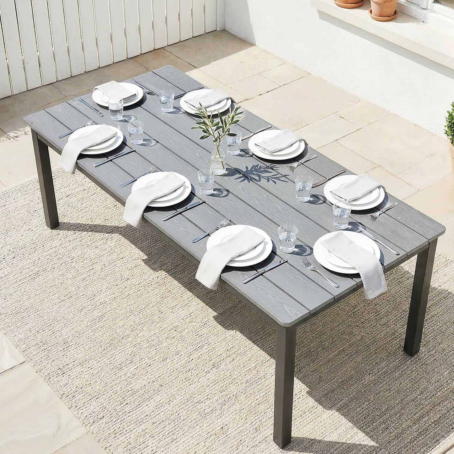 Outsunny Garden Dining Table for 6-8 Person, 180 x 86 cm Rectangular Outdoor Dining Table with Wood Slatted Top, Grey