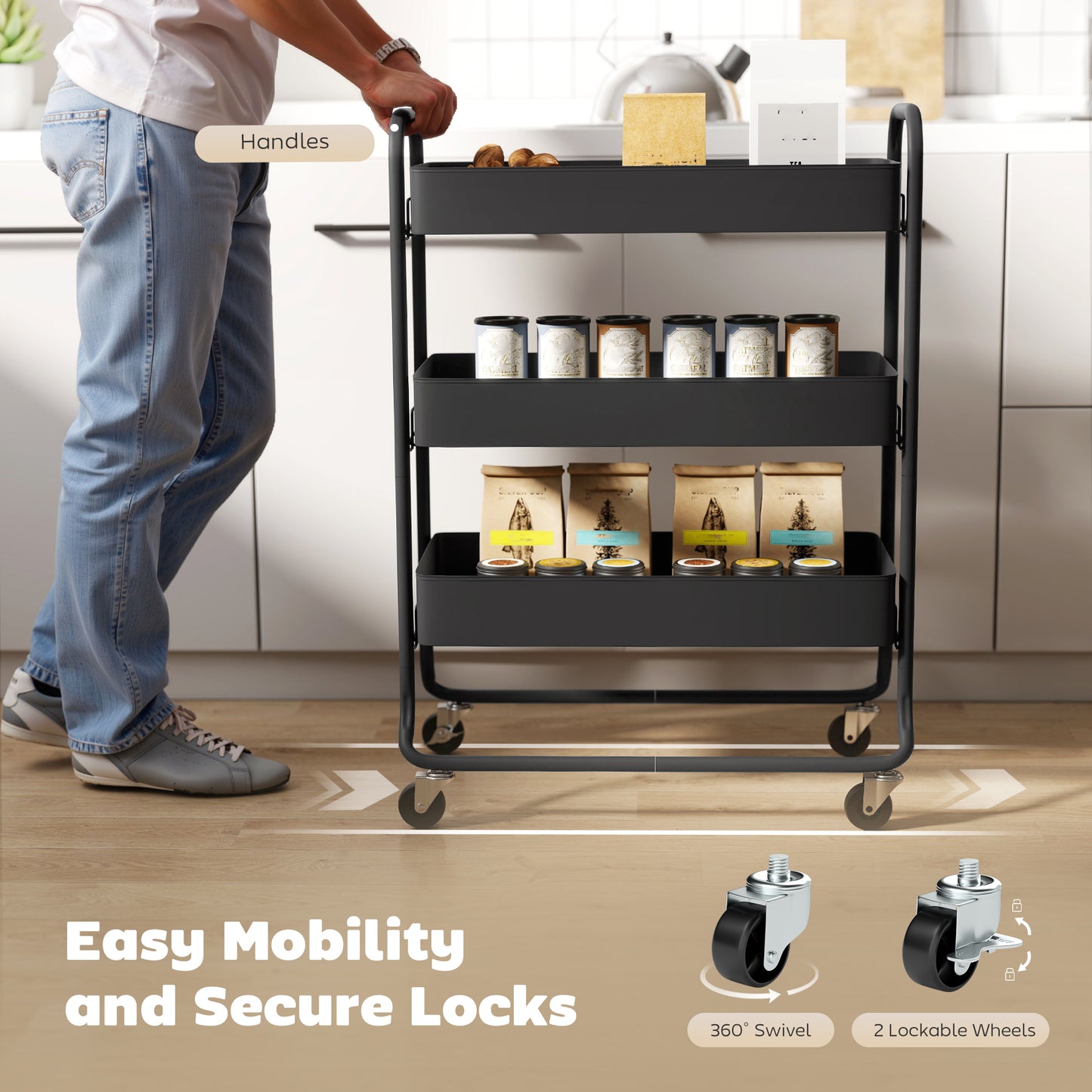 HOMCOM 3-Tier Storage Trolley on Wheels, Rolling Utility Cart with Mesh Backets for Kitchen, Bathroom, Bedroom, Black