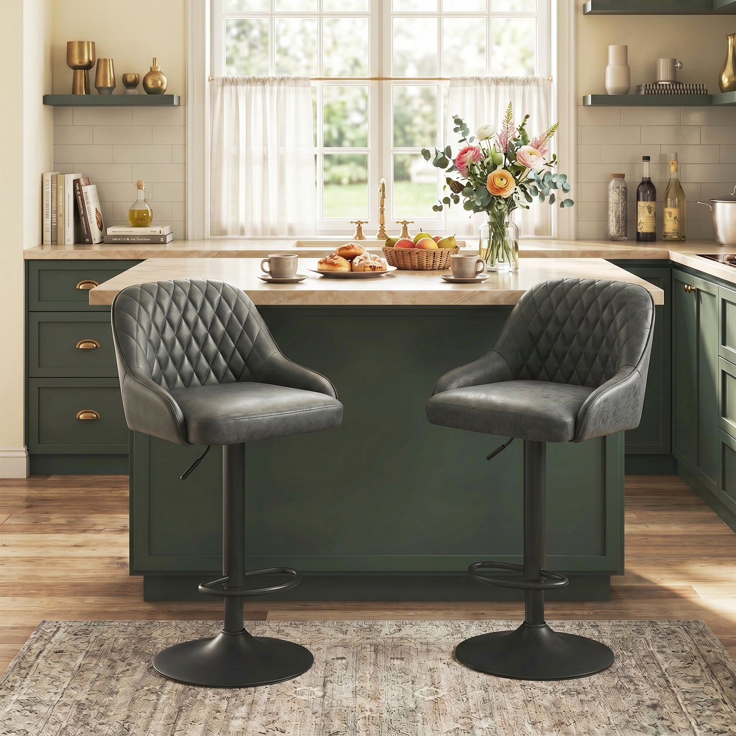 HOMCOM Bar Stools Adjustable Swivel Kitchen Chairs with Backrest Set of 2 for Kitchen Island Dark Grey