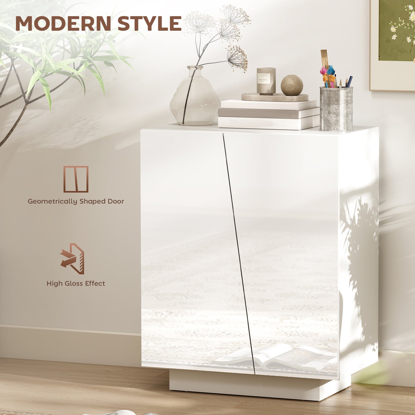 HOMCOM High Gloss Storage Cabinet, Freestanding Storage Cupboard with Adjustable Shelves for Living Room, Bedroom, Hallway, White