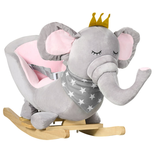HOMCOM Kids Elephant-Designed Rocking Horse, with Safety Belt, Wooden Base, for Ages 18-36 Months - Grey