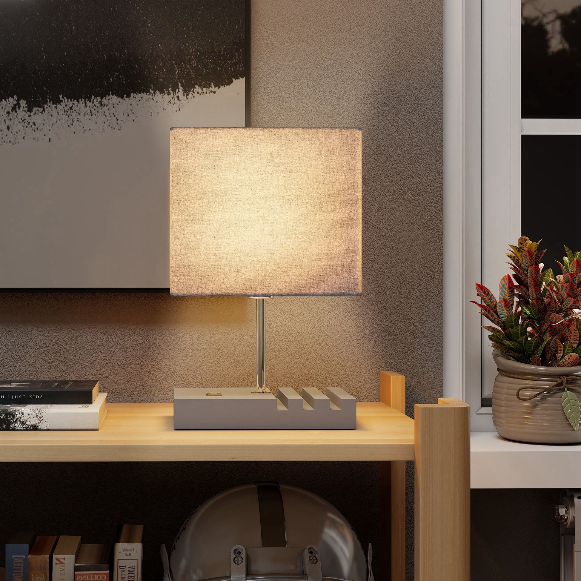HOMCOM Bedside Lamp with USB A+C Charging Ports and 3 Phone Stands, Modern Table Lamp with Solid Wood Base and Fabric Shade for Bedroom Living Room Office, E27 Socket, Bulb Not Included, Grey--ChewyGames-ChewyGames