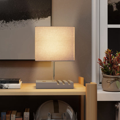HOMCOM Bedside Lamp with USB A+C Charging Ports and 3 Phone Stands, Modern Table Lamp with Solid Wood Base and Fabric Shade for Bedroom Living Room Office, E27 Socket, Bulb Not Included, Grey--ChewyGames-ChewyGames