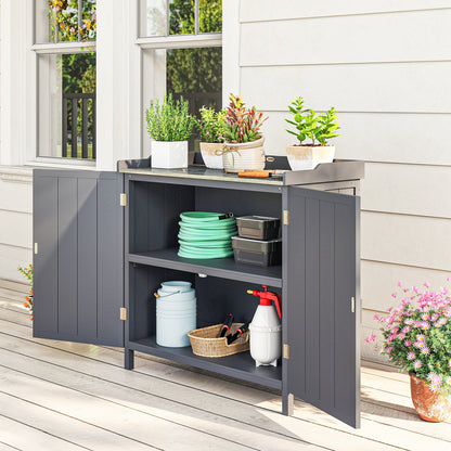 Outsunny Wood Garden Storage Cabinet, Outdoor Tool Shed, Potting Bench Table with galvanised Top and Two Shelves for garden Tools or Pool Accessories, Grey