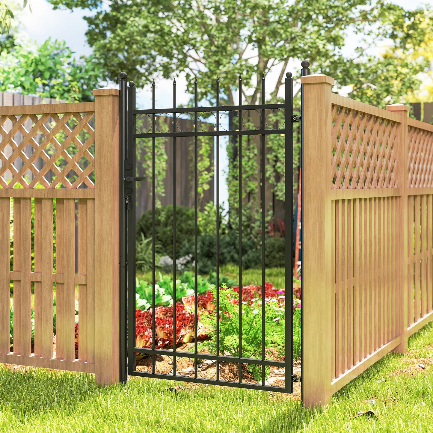 Outsunny Galvanised Steel Garden Gate, Outdoor Fence Gate Security Barrier with Lock, Keys and Handle, Outdoor Entrance Way Door with Classic Finials, 105 x 204 cm, Black--ChewyGames-ChewyGames