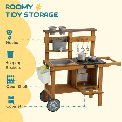 AIYAPLAY Wooden Mud Kitchen with Wheels, Stove, Faucet, Flower Pots, Stainless Steel Accessories for Toddlers 3-6, Brown