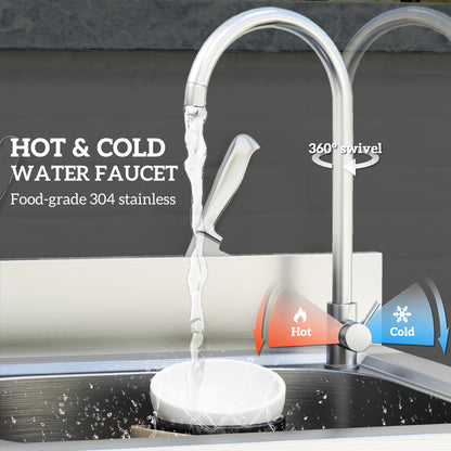HOMCOM Outdoor Utility Sink, Stainless Steel Free Standing Single Bowl Kitchen Sink with Cold and Hot Water Pipe and Storage Shelf for Laundry Garage, 55 x 50 x 100 cm