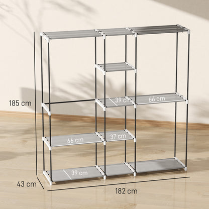 HOMCOM Portable Wardrobe, Open Clothes Wardrobe with 8 Shelves, 3 Hanging Rails, Light Grey