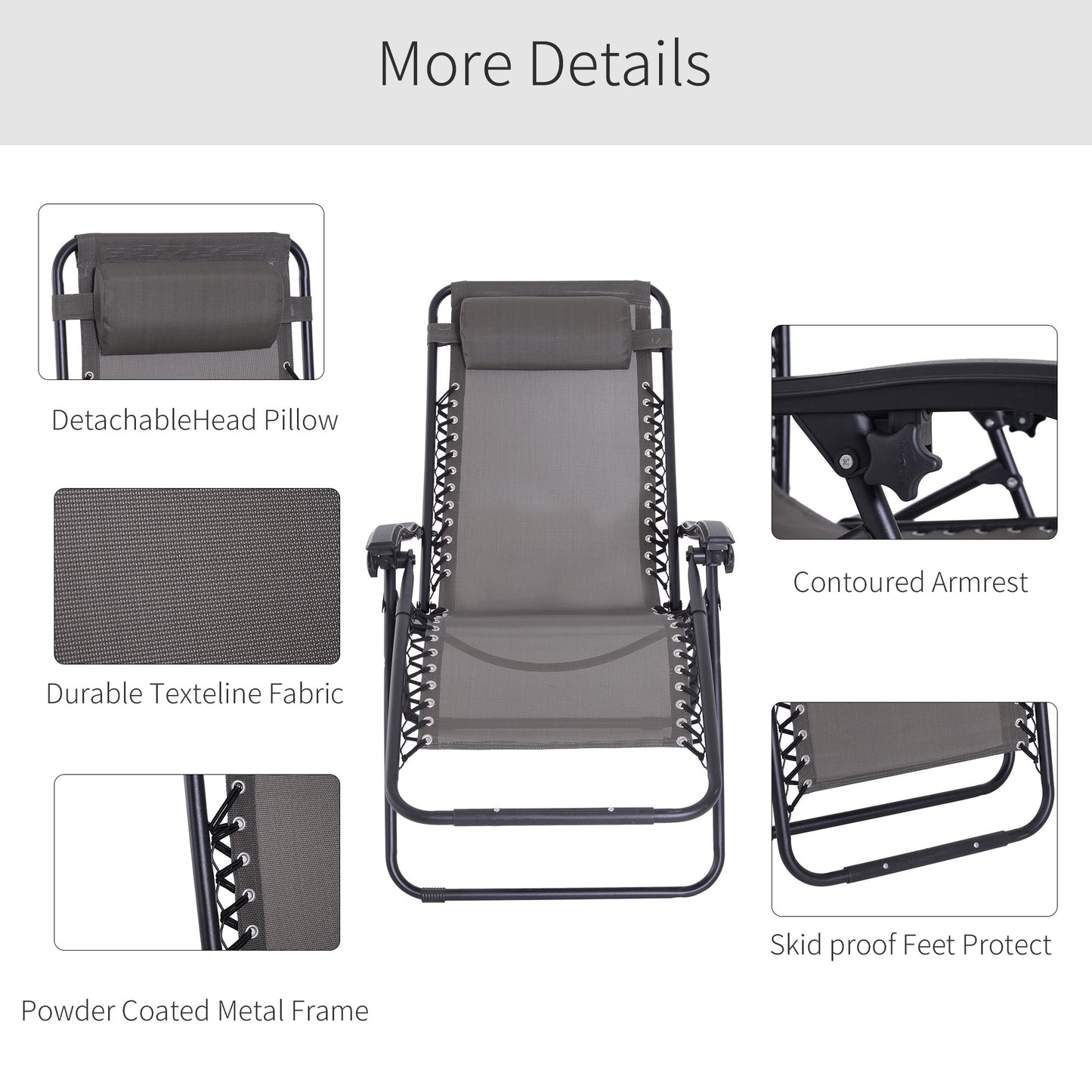Outsunny Zero Gravity Chair Set of 2, Metal Frame Texteline Armchair Outdoor Folding and Reclining Sun Lounger with Head Pillow for Patio Decking Gardens Camping, Grey