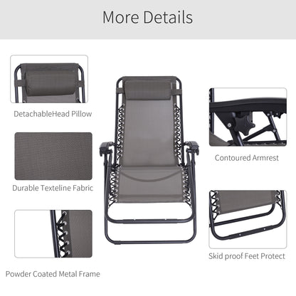 Outsunny Zero Gravity Chair Set of 2, Metal Frame Texteline Armchair Outdoor Folding and Reclining Sun Lounger with Head Pillow for Patio Decking Gardens Camping, Grey