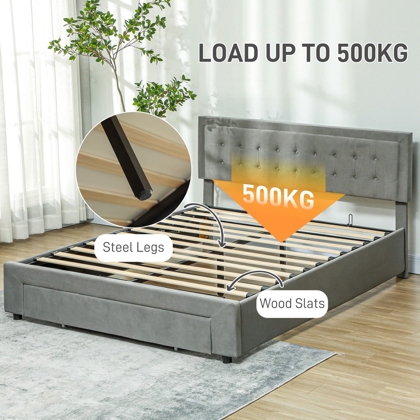 HOMCOM King Size Ottoman Bed Frame, with Front Drawer - Grey-Beds & Bed Frames-ChewyGames-ChewyGames