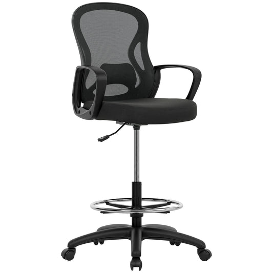 Vinsetto Drafting Chair with Adjustable Footrest, Ergonomic Mesh Office Chair with Lumbar Support, Adjustable Height for Standing Desk, Black