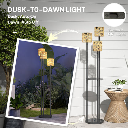 Outsunny Boho Rattan Floor Lamp, 3-Lights Rattan Lamp with Shelf, Freestanding Solar Garden Light with Auto On/Off Lights, IP44 Waterproof for Porch, Pathway, Terrace, Yellow