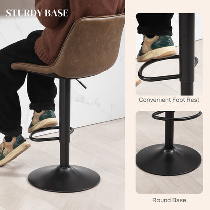 HOMCOM Bar Stools Set of 2, Retro Adjustable Kitchen Stool, Swivel PU Leather Upholstered Bar Chairs with Back, Footrest and Steel Base, Brown