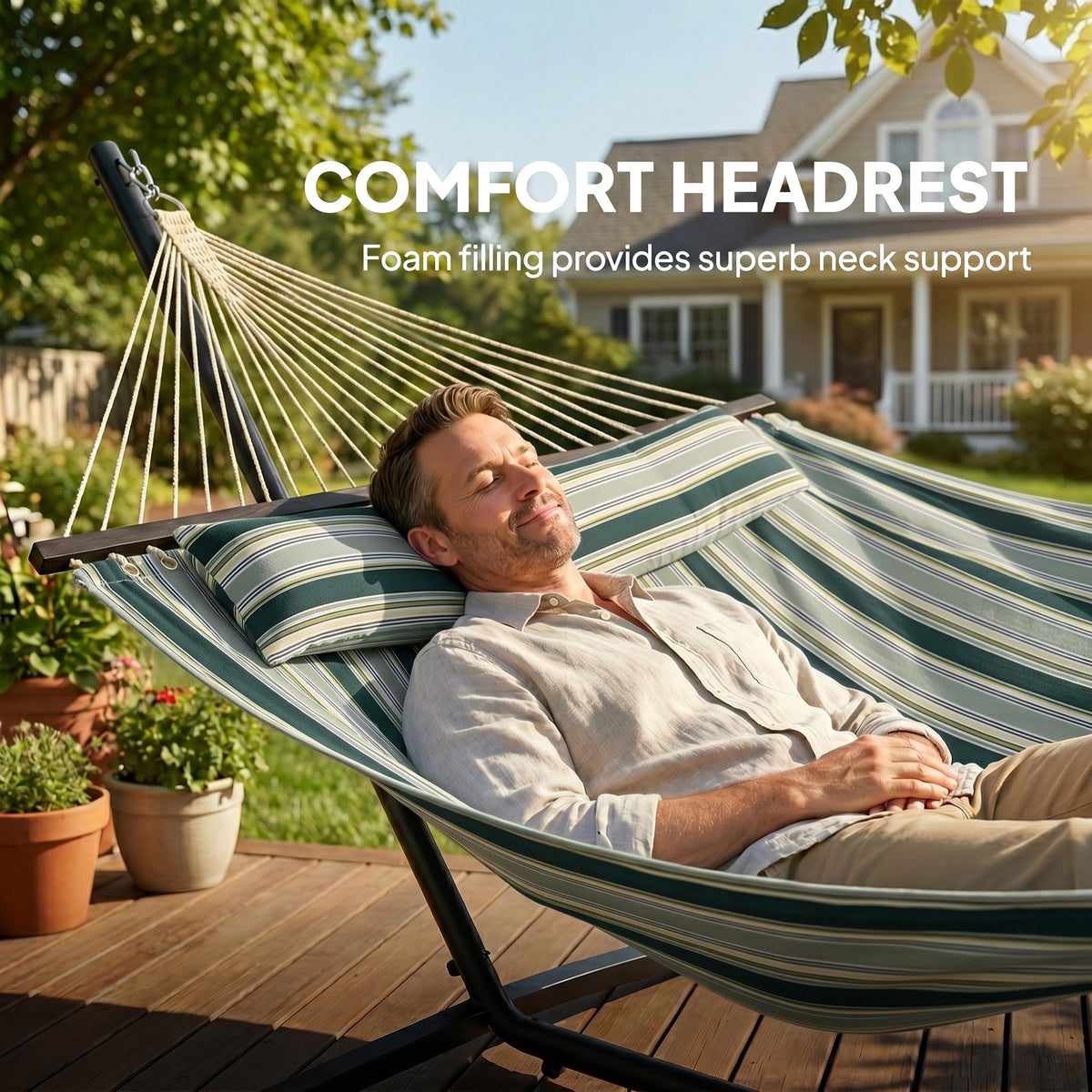 Outsunny Outdoor Hammock with Stand Detachable Pillow Striped Swing Steel Frame, for Garden, Patio, Green