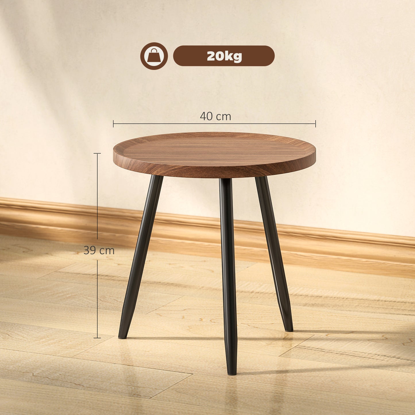 HOMCOM Modern Round Coffee Table with Steel Frame for Small Space, Sofa Beside, Living Room, Chestnut Wood Effect