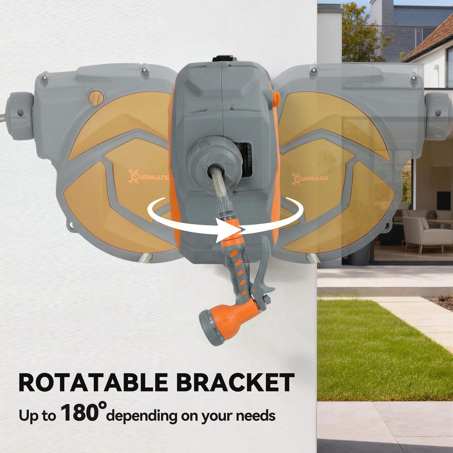 DURHAND 10m Garden Hose Reel Wall Mounted Auto Rewind with 7 Patterns Spray Nozzle, Includes Wall Fixings, Orange