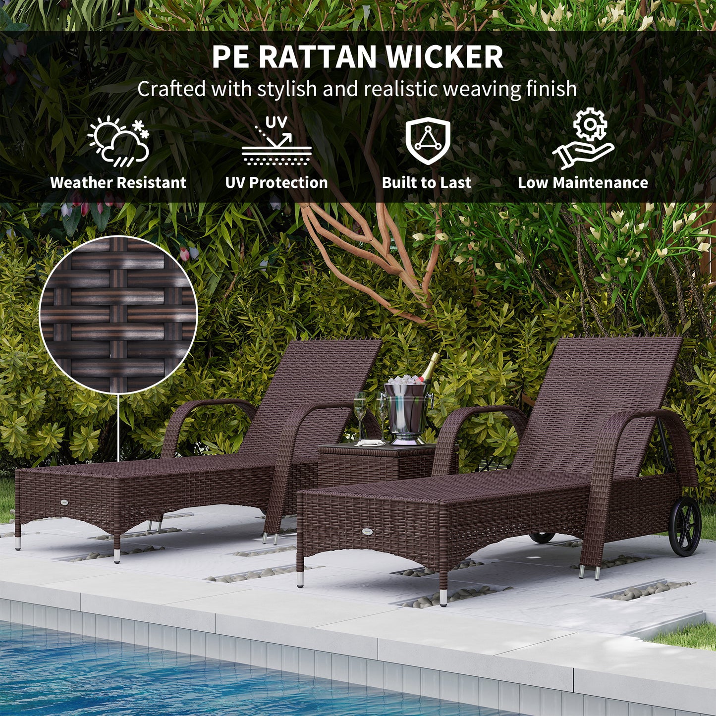 Outsunny Rattan Sun Loungers Set of 2 with Side Table, 3-Piece Garden Furniture Set, Adjustable Recliner Sunlounger Sunbed with Cushions & Headrest, Wheels, Outdoor Patio Daybed, Brown