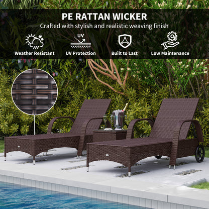 Outsunny Rattan Sun Loungers Set of 2 with Side Table, 3-Piece Garden Furniture Set, Adjustable Recliner Sunlounger Sunbed with Cushions & Headrest, Wheels, Outdoor Patio Daybed, Brown