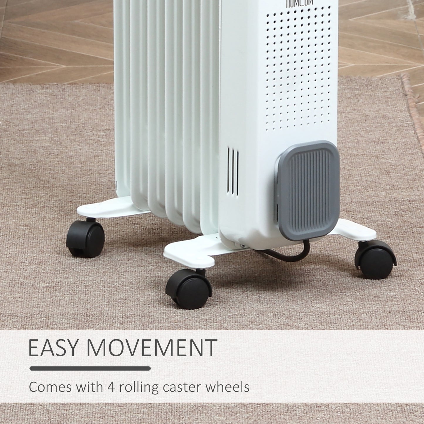 HOMCOM 1500W Oil Filled Radiator, Portable Electric Heater with 3 Heat Settings, Safety Cut-Off and Wheels, White