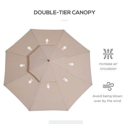 Outsunny 2.7m Wooden Parasol Elegant Two-Tier Design Garden Parasol Umbralle for Outdoor Shade, Beige