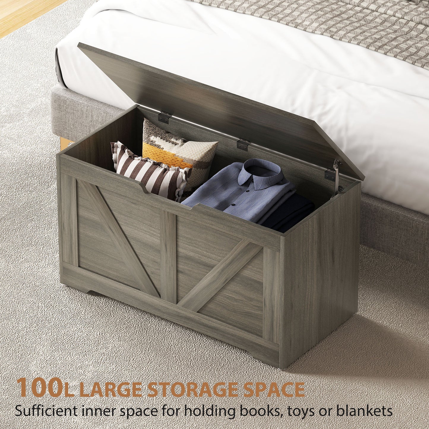 HOMCOM 100L Home Storage Box, with Safety Hinges - Charcoal Grey--ChewyGames-ChewyGames