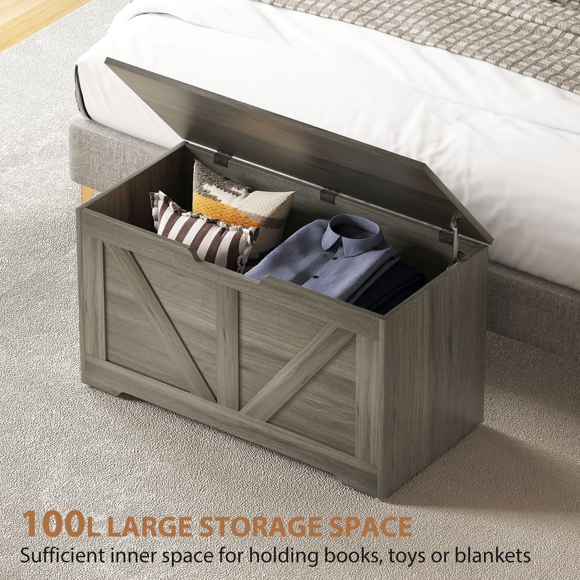 HOMCOM 100L Home Storage Box, with Safety Hinges - Charcoal Grey--ChewyGames-ChewyGames