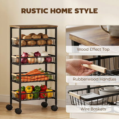 HOMCOM Metal Kitchen Trolley, 4-Tier Storage Trolley with Pull-Out Baskets and 4 Swivel Casters for Kitchen, Rustic Brown