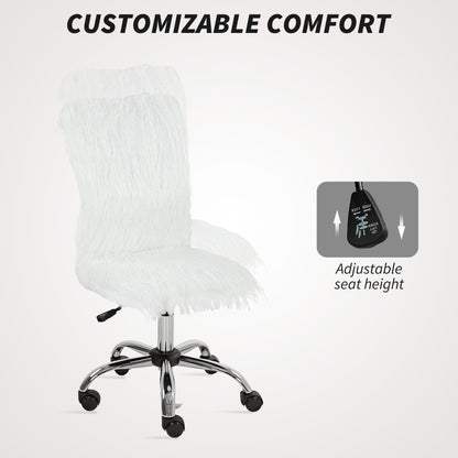 HOMCOM Plush Office Desk Chair, Modern Armless Swivel Vanity Chair with Adjustable Height for Home Office, Bedroom, Living Room, White