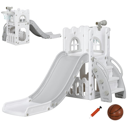 AIYAPLAY 5 in 1 Toddler Slide with Basketball Hoop, Climber, Telescope, Storage Basket, for Ages 1-3 Years, Grey