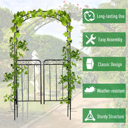 Outsunny Garden Decorative Metal Arch with Gate Outdoor Patio Trellis Arbor for Climbing Plant Archway Antique Black - 108L x 45W x 215Hcm