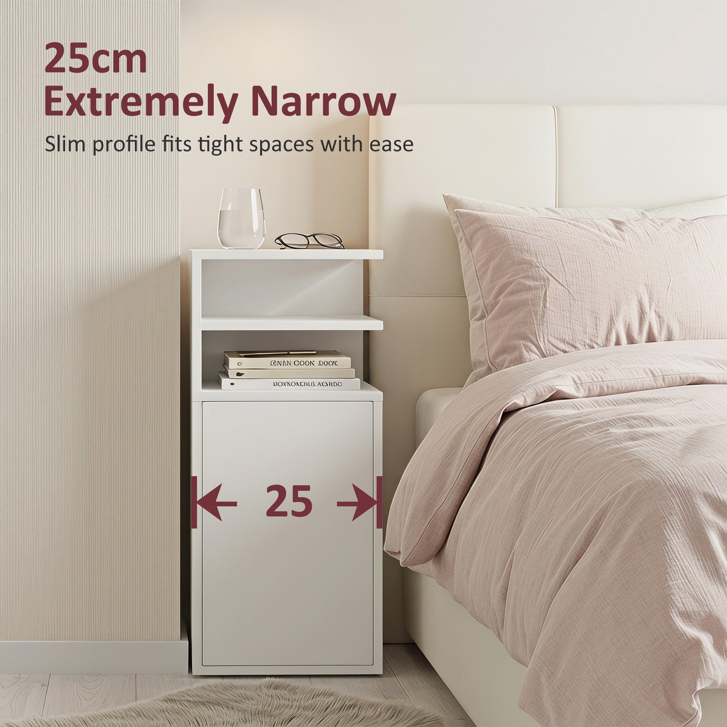 HOMCOM Slim Bedside Table Set of 2, Narrow Bedside Cabinet with Open Cubbies and Cupboard for Bedroom Living Room, White