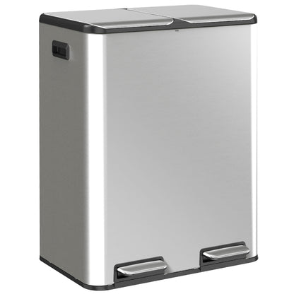 HOMCOM 2 x 30L Double Kitchen Bin, Stainless Steel Pedal Rubbish Bin with Dual Compartments, Soft Close Lids, Silver Tone