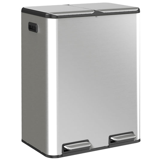 HOMCOM 2 x 30L Double Kitchen Bin, Stainless Steel Pedal Rubbish Bin with Dual Compartments, Soft Close Lids, Silver Tone