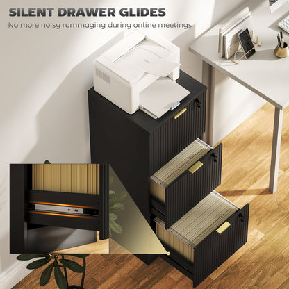HOMCOM Filing Cabinet, Fluted Vertical File Cabinet with 3 Lockable Drawers and Hanging Rails, Black