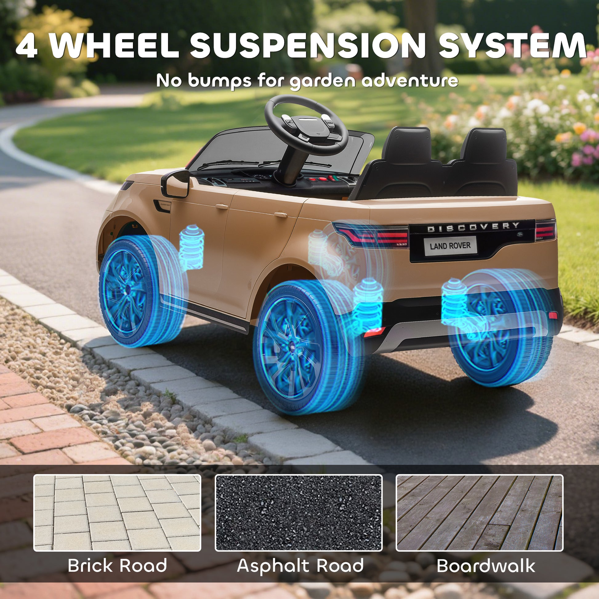 AIYAPLAY Land Rover Discovery Licensed 12V Kids Electric Car with Remote, 4 Wheel Suspension, Slow Start, Lights, Music, Khaki-Electric Riding Vehicles-ChewyGames-ChewyGames