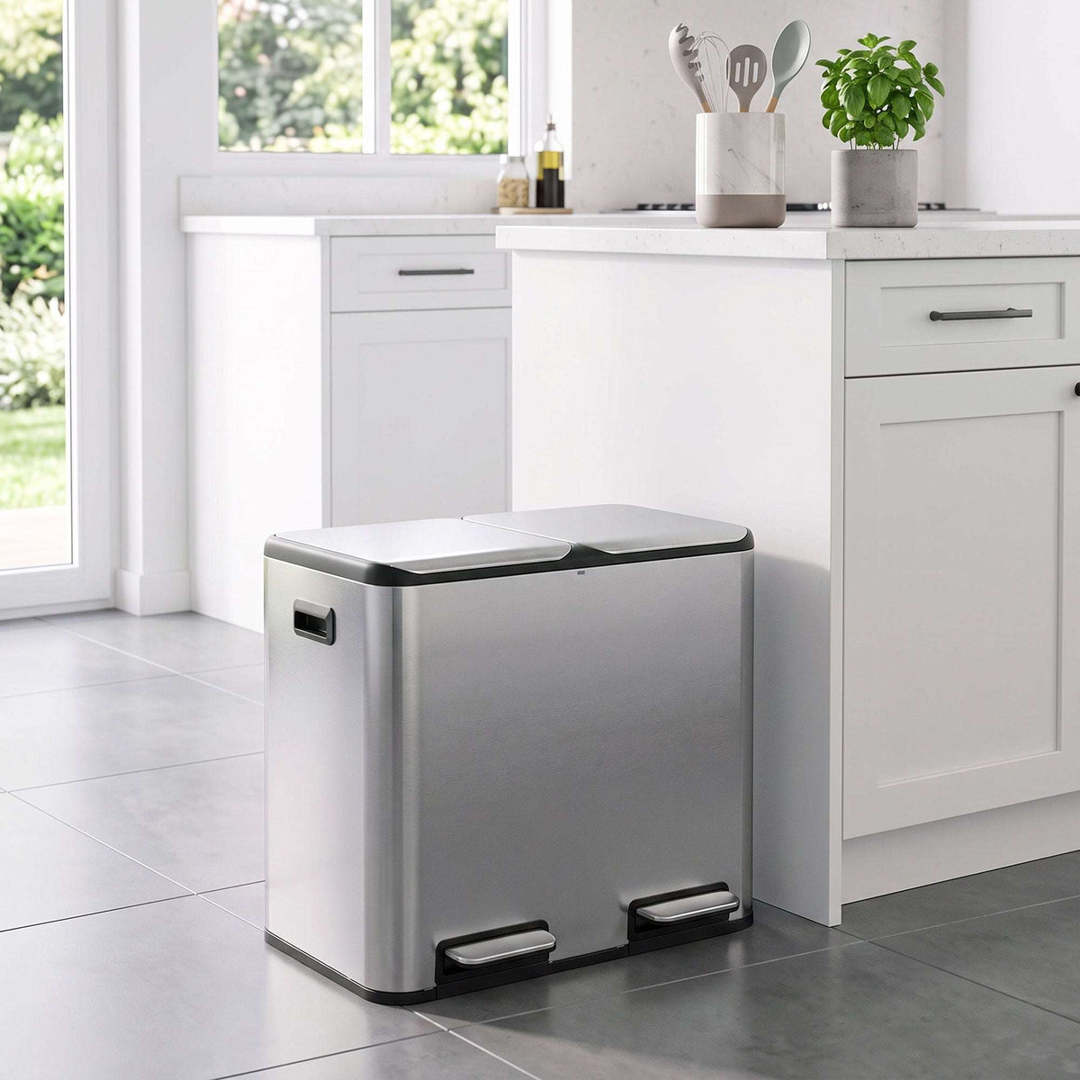 HOMCOM 2 x 20L Double Kitchen Bin, Stainless Steel Pedal Rubbish Bin with Dual Compartments, Soft Close Lids, Silver Tone