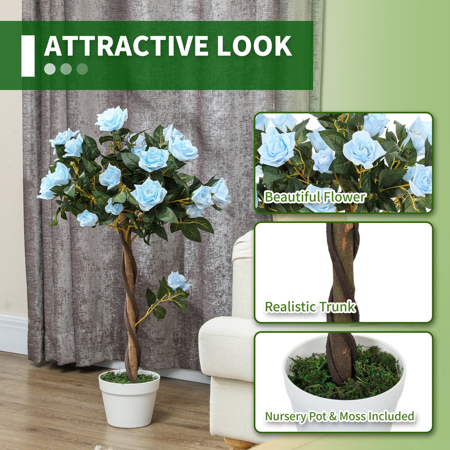 Outsunny Set of 2 Artificial Plants White Rose Floral in Pot, Fake Plants for Home Indoor Decor, 90cm, Light Blue-Artificial Flowering Plants-ChewyGames-ChewyGames