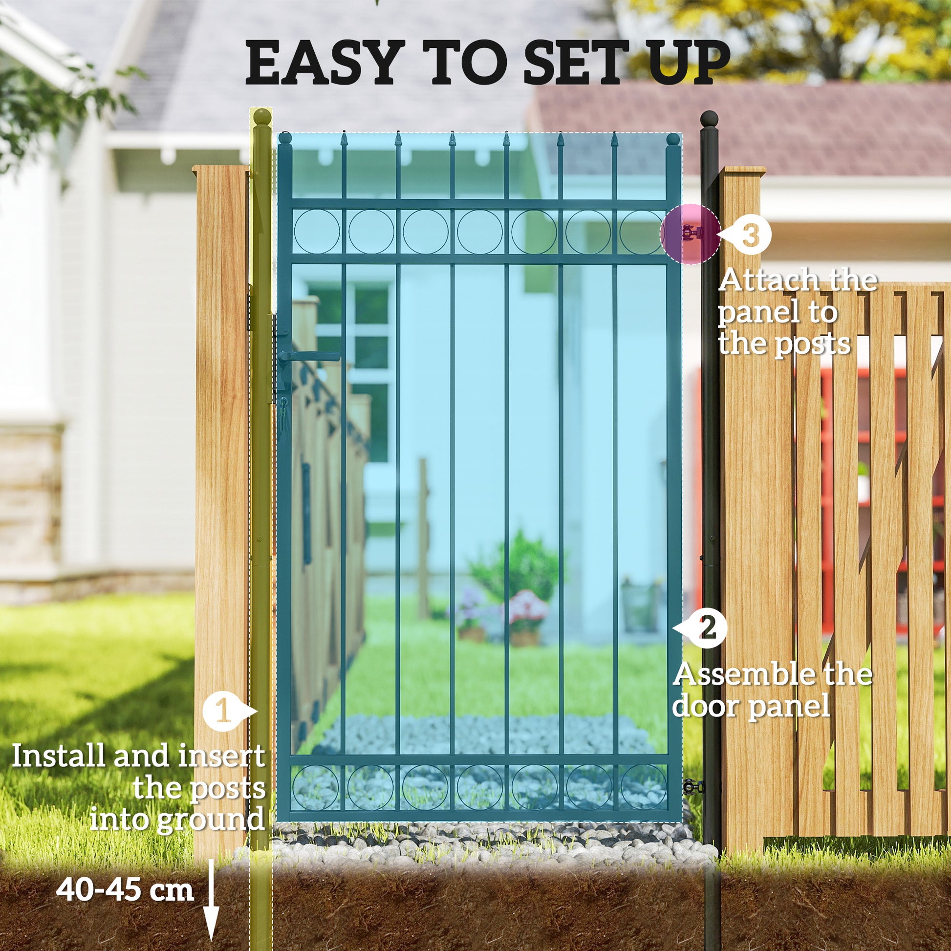 Outsunny Galvanised Steel Garden Gate, Outdoor Fence Gate Security Barrier with Lock, Keys and Handle, Outdoor Entrance Way Door with Classic Finials, 105 x 204 cm, Black--ChewyGames-ChewyGames