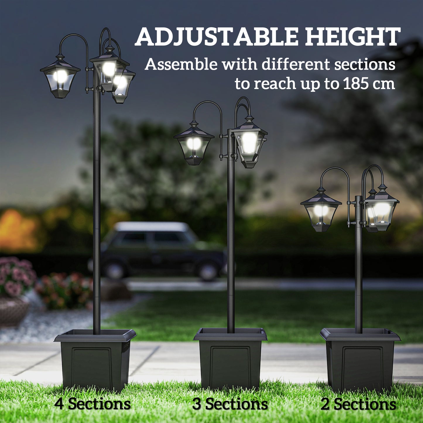 Outsunny Solar Lamp Post with Dusk-to-Dawn Sensor Street Light with 3-Head Planter 185 cm Black