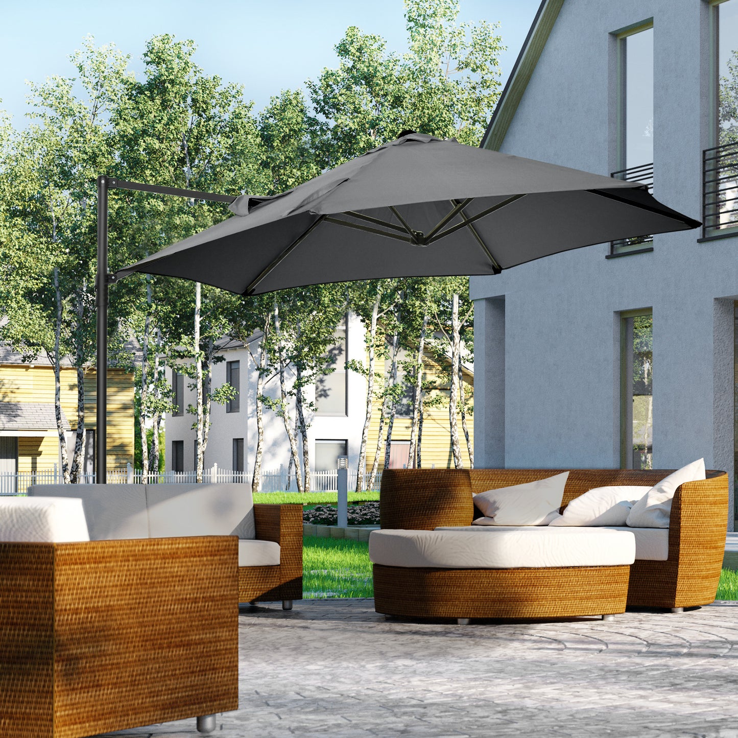 Outsunny 2.5M Garden Cantilever Parasol, Offset Roma Patio Umbrella Hanging Sun Shade Canopy Shelter with 360° Rotation and Cross Base, Dark Grey