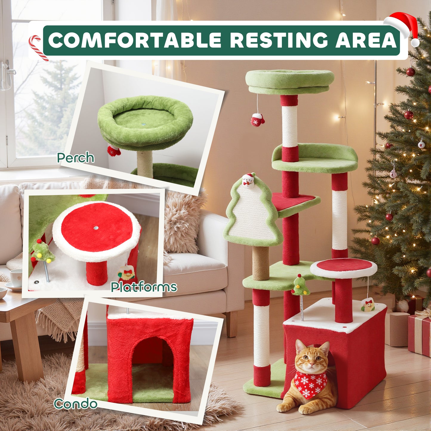 PawHut Cat Tree, 120cm Christmas Cat Tower with 3 Scratching Posts, Scratching Board, 2 Perches, Platforms, Toys, Green