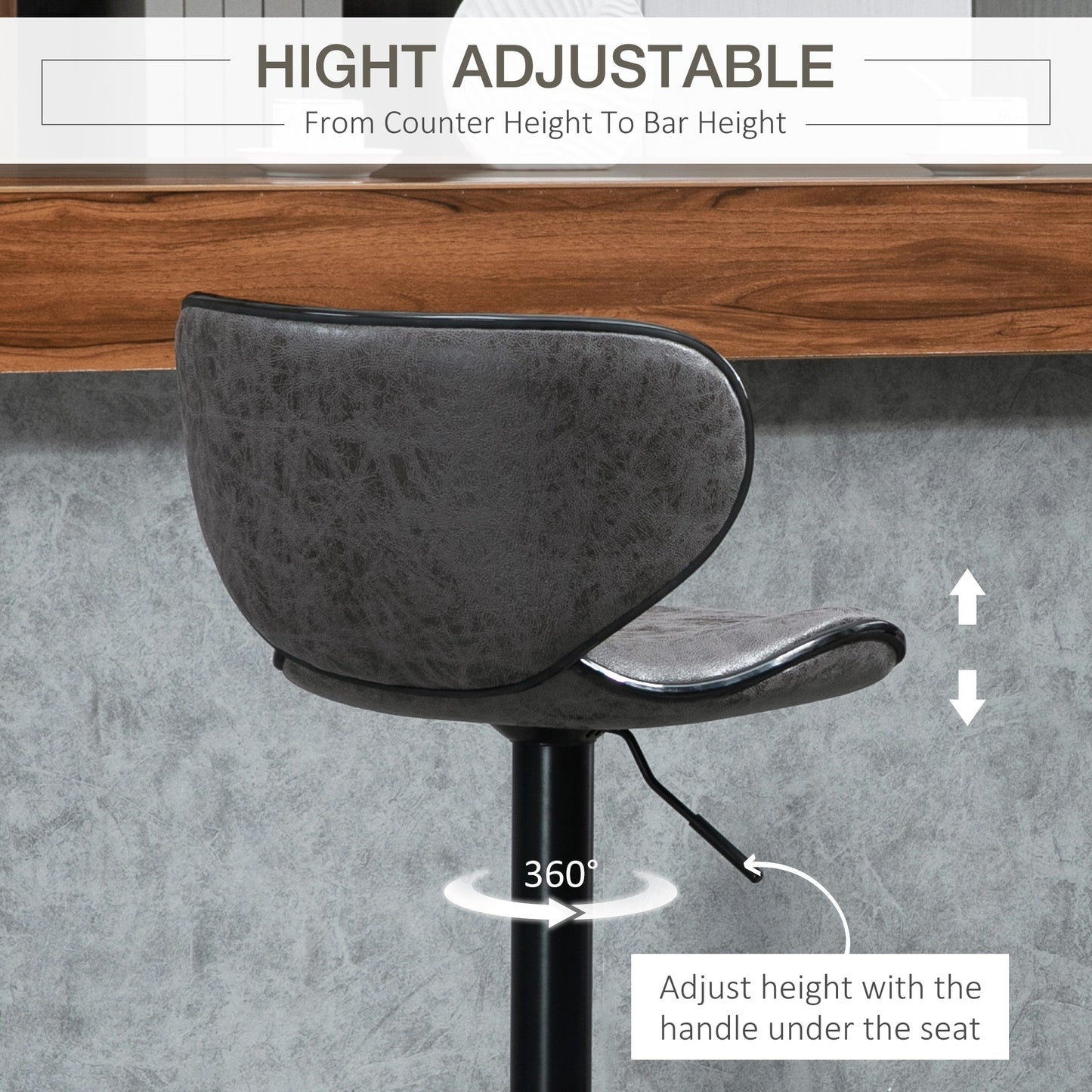 HOMCOM Kitchen Stools Set of 2  61-81cm Sitting Height Leather Upholstered Bar Chairs, Dark Grey