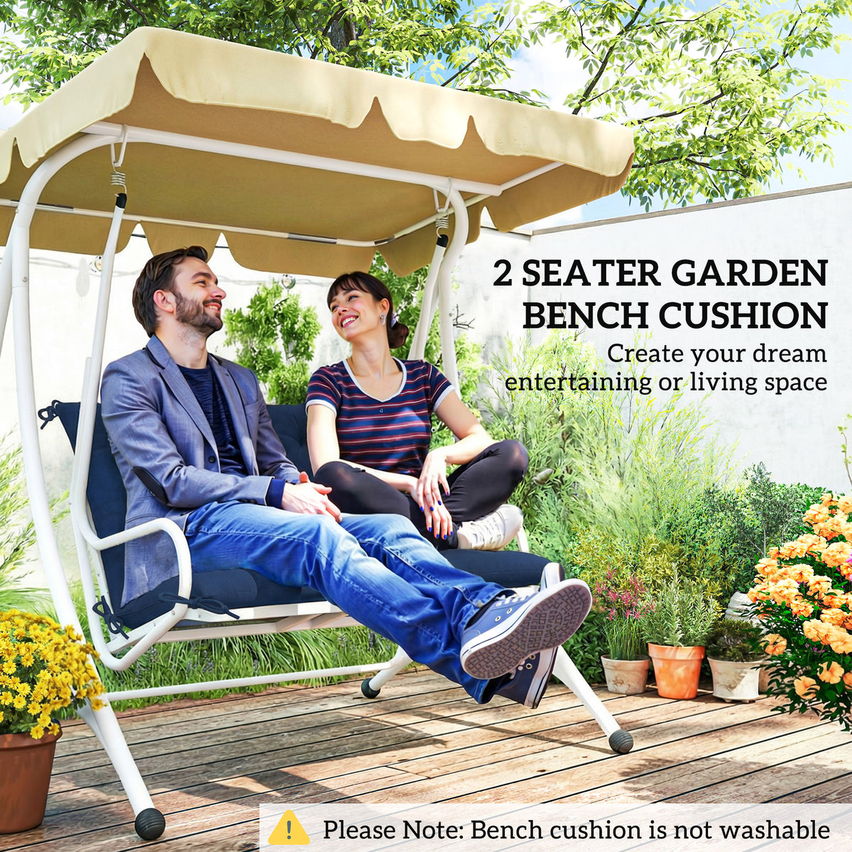 Outsunny 2 Seater Bench Pad, Garden Chair Cushion with Back and Ties for Indoor and Outdoor Use, 98 x 100 cm, Dark Blue