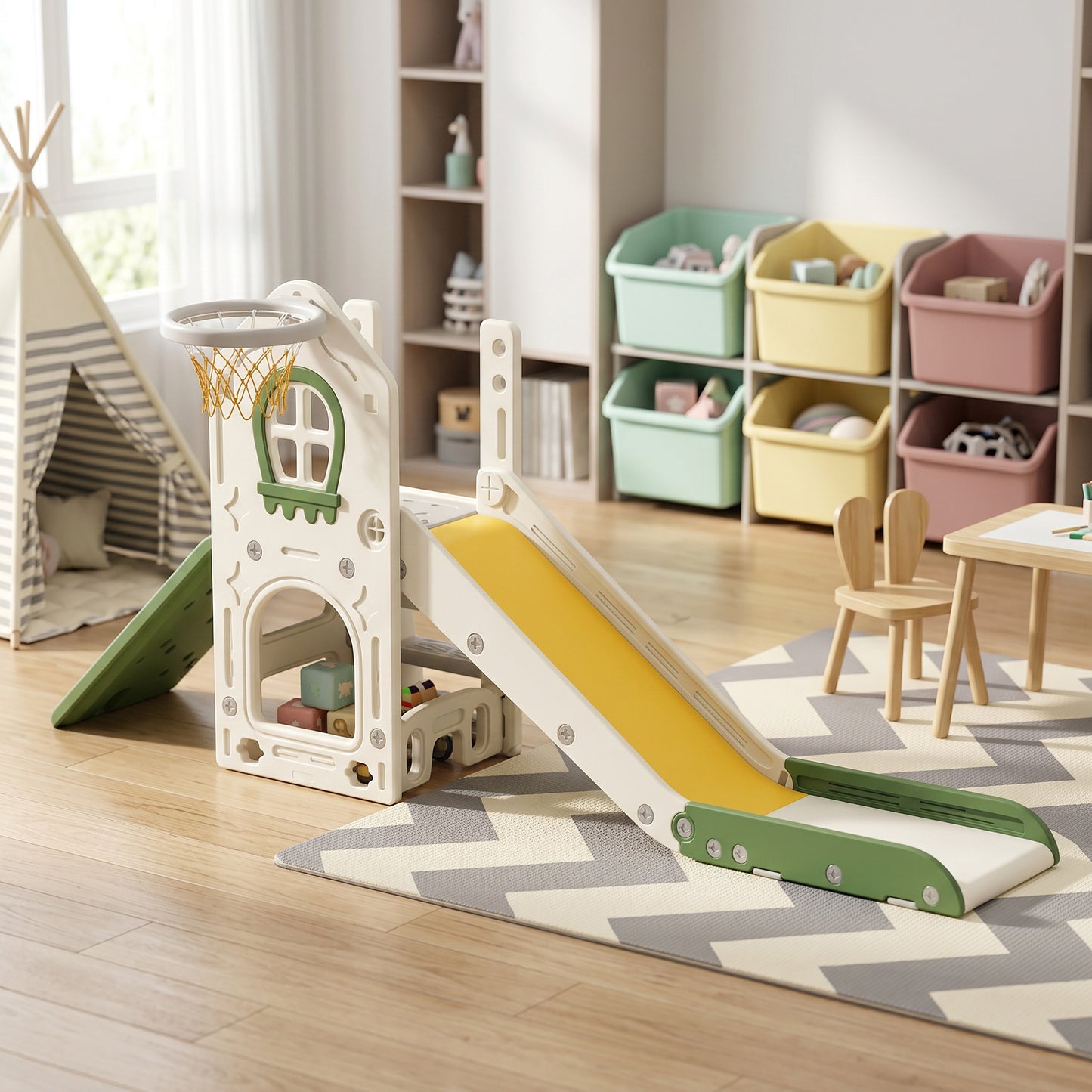 AIYAPLAY Foldable 4 in 1 Toddler Slide with Climber, Basketball Hoop, Storage Space and Basketball for Ages 1-3 Years, Cream