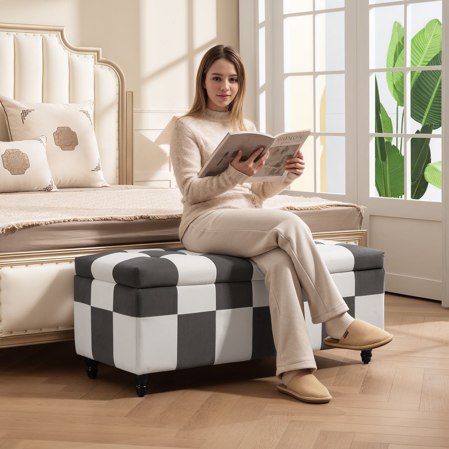 HOMCOM Storage Ottoman, Storage Bench with Wood Legs, Footstool, Footrest with Velvet Surface for Bedroom, Hallway, Living Room, 114 x 47 x 47 cm, Dark Grey and White