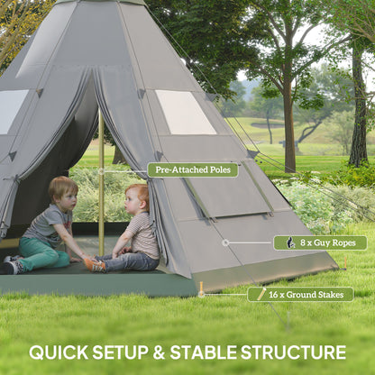 Outsunny 6 Men Tipi Tent with Carry Bag - Grey