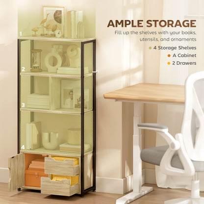 HOMCOM 4-Tier Bookcase, Bookshelf with 1 Cabinet and 2 Drawers for Living Room, Bedroom, Study, Natural Wood