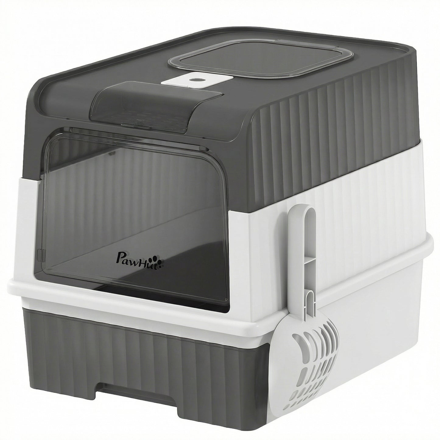 PawHut Enclosed Cat Litter Box with Lid, Pull-Out Drawer Tray, Scoop, 4 Deodorisation Bags, Front Entry & Top Exit, Grey