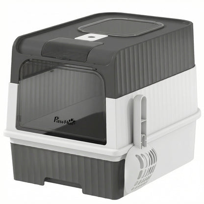 PawHut Enclosed Cat Litter Box with Lid, Pull-Out Drawer Tray, Scoop, 4 Deodorisation Bags, Front Entry & Top Exit, Grey